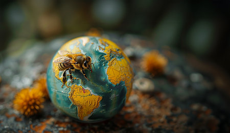 An image of a bee sitting on a globe of the planet Earth. The importance of bees and insects for the planet. World Bee Day. Copy spaceの素材