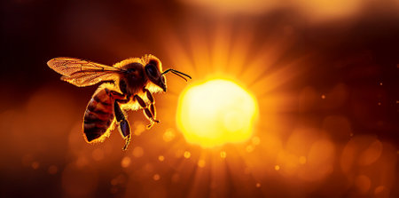 Bee close-up against the backdrop of the setting sun. World Bee Dayの素材