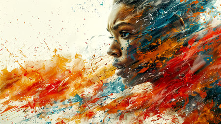 Close-up portrait of an excited woman runner in splashes of colorful paint. Sports competition concept. Copy spaceの素材