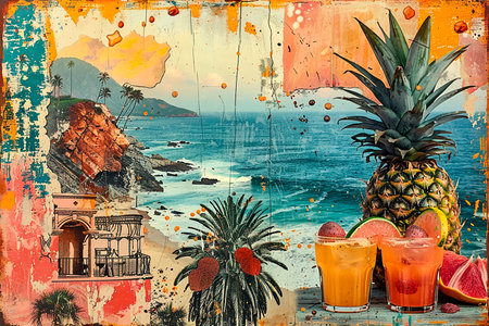 Collage on the theme of travel and vacation with fruits and cocktails. Summer vacation aesthetics. Drinks with a tropical twistの素材