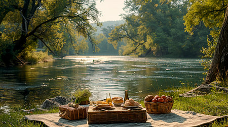 A picturesque scene of a summer picnic on the shore of a forest lake. The beginning of summer in the Northern Hemisphere, the summer solstice.の素材