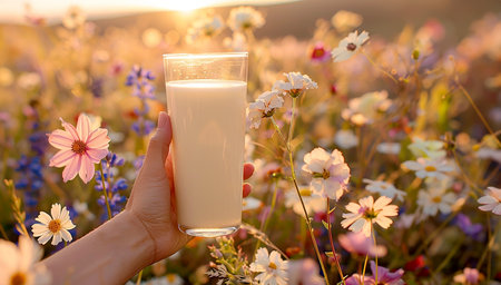 POV frame, first-person photo, glass of milk in hand against the backdrop of a flower meadow. dairy products. World Milk Dayの素材