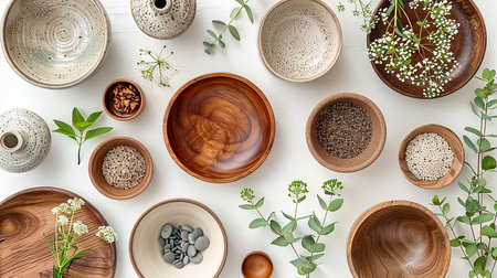 Crockery, plates, close-up interior details with natural motifs. Design inspired by natureの素材