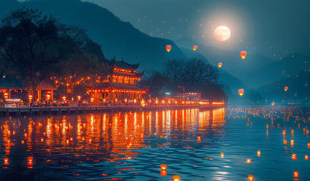 Street of an evening eastern city or village and Chinese lanterns on the water during the Mid-Autumn Festival. Chinese Moon Festivalの素材
