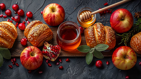 Apples, pomegranate, challah bread and honey on the festive table as a symbol of Rosh Hashanah - the Jewish New Year. Traditional dishesの素材