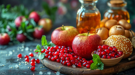 Apples, pomegranate and honey on the festive table as a symbol of Rosh Hashanah - the Jewish New Year. Traditional dishesの素材