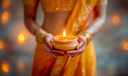 Dia lamp in the hands of a Hindu woman in a traditional sari for Diwali. Victory of light over darkness. Hindu holidayの素材