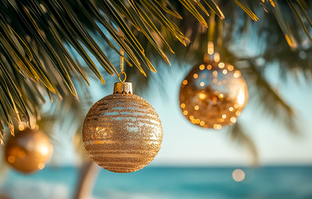 Christmas in the tropics. Christmas ball on a tropical palm tree branchの素材