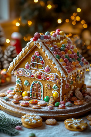 Handmade gingerbread house. Festive atmosphere of Christmas, New Year and St. Nicholas Dayの素材