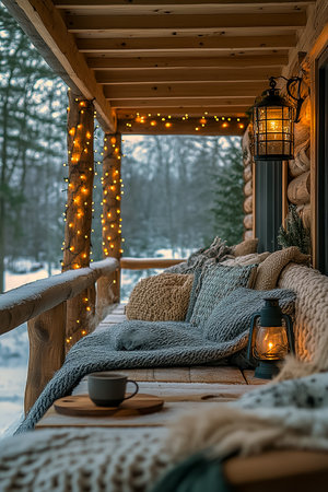 Cozy house terrace in winter. Warm blankets and lanterns. An atmosphere of rest and relaxation during the cold seasonの素材