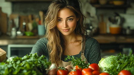 A woman in the kitchen prepares vegan dishes. Vegan lifestyle. Veganuaryの素材