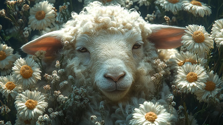 White sheep surrounded by flowers and herbs. Vegan lifestyle. Veganuaryの素材