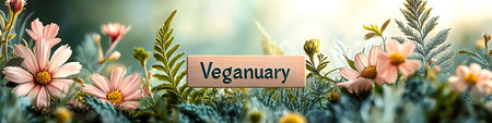 Banner with flowers and leaves with the inscription Veganuary. Vegan lifestyleの素材