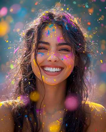 Young woman's face close up in gulal colors at Holi festivalの素材