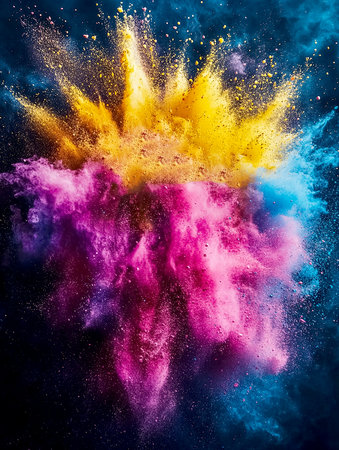 Image of colored gulal powder, mixing bright colors in the air. Holi festival. Background for textの素材
