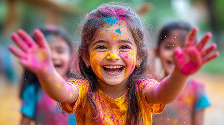 A close-up of a girl's face in gulal colors at the Holi festival. Children having fun at a party with colored powderの素材