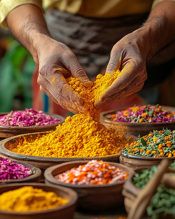close-up of hands making gulal powder for Holi festival. Making gulal powder at homeの素材