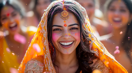 Young woman having fun at Holi festival. Colored paints and gulal powderの素材