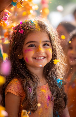 A close-up of a girl's face in gulal colors at the Holi festival. Children having fun at a party with colored powderの素材