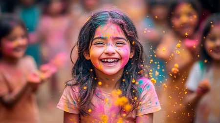 A close-up of a girl's face in gulal colors at the Holi festival. Children having fun at a party with colored powderの素材