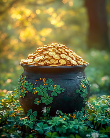 A pot of gold coins in the forest among many shamrocks. St. Patrick's Dayの素材