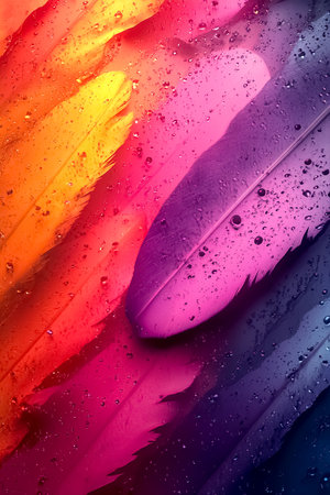 Futuristic background made of bright colors and bird feathers. Fashionable animal printsの素材