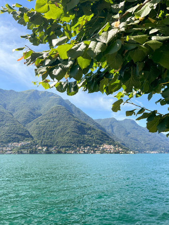 Mountain lake surrounded by green trees on a sunny day. Lake Comoの写真素材
