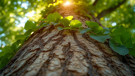 A liana wraps around a thick tree trunk in the forest. Symbol of harmony and unity of connections in natureの素材