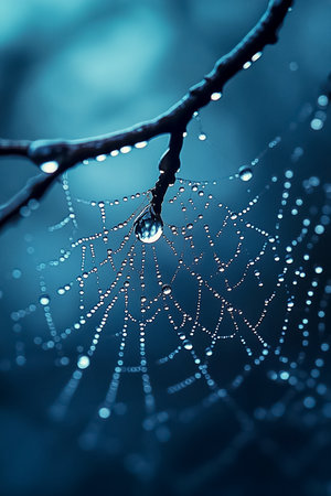 Cobweb in drops of dew on a branch.の素材