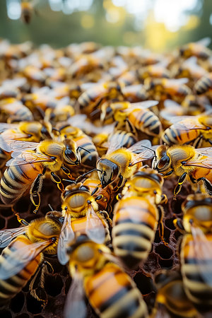 A family of bees in a hive working together. Symbol of harmony and unity in natureの素材