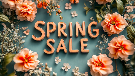 The inscription Spring Sale surrounded by spring flowers. Spring equinoxの素材