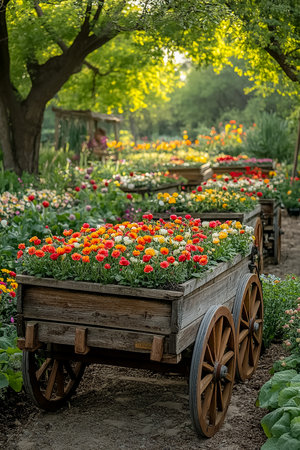 Beds for growing flowers and vegetables in the garden. The beginning of spring. Spring equinoxの素材