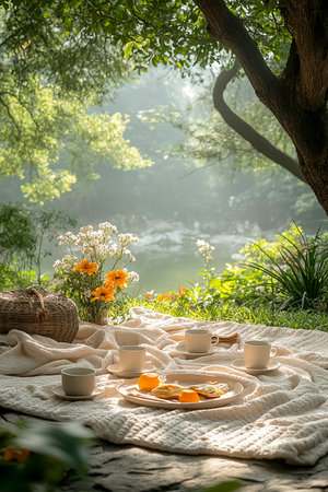 Picnic outdoors in beautiful nature. The beginning of spring. Spring equinoxの素材