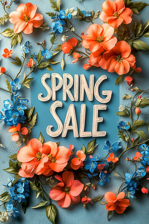 The inscription Spring Sale surrounded by spring flowers. Spring equinoxの素材