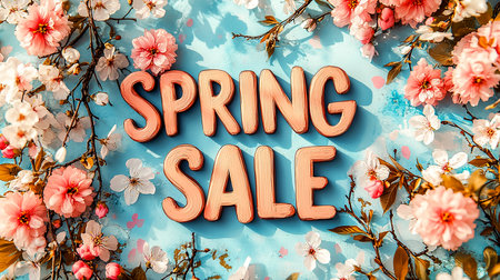 The inscription Spring Sale surrounded by spring flowers. Spring equinoxの素材