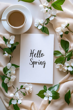 Greeting card with flowers and greenery with the inscription Hello Spring. The beginning of spring. Spring equinoxの素材