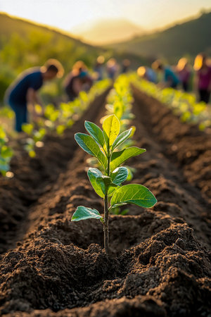 People plant flowers and plants in the park in spring in an organized manner. Eco activism. EarthDayの素材