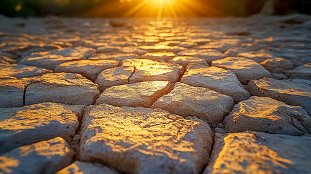 Heat-cracked earth under the scorching sun on a hot day. Droughtの素材