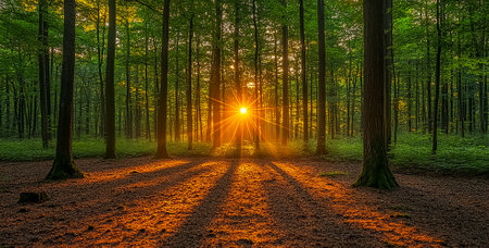 rays of the hot sun breaking through the trees in the forestの素材