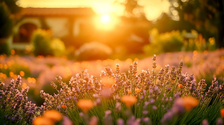 Blooming lavender against the backdrop of the hot summer sunの素材