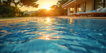Outdoor pool in the courtyard of a house on a hot summer dayの素材