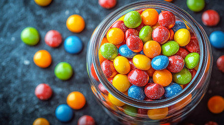 Lots of colorful candies in jars. Sweets and dessertsの素材
