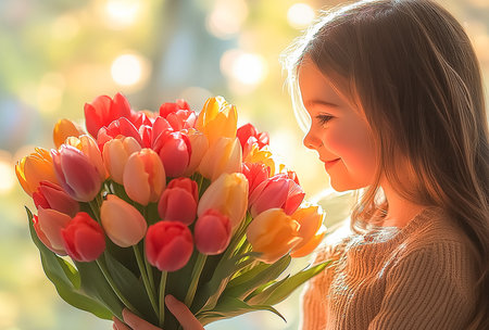 Girl with a bouquet of tulips. Congratulations to mom on Mother's Dayの素材