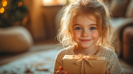 The girl is holding a gift box in her hands. Gifts for the holidayの素材