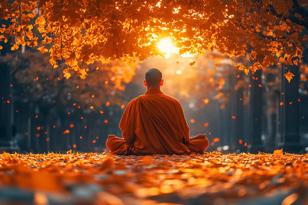 Buddhist monk meditating under the sacred Bodhi tree in saffron robesの素材