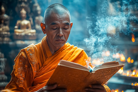 Close-up of a monk holding a prayer book as he recites the sacred Vesak chants, with fine incense smoke swirling around him.の素材