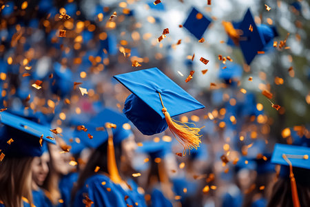 Close-up of several graduation caps hanging in the air against a blurred background.の素材