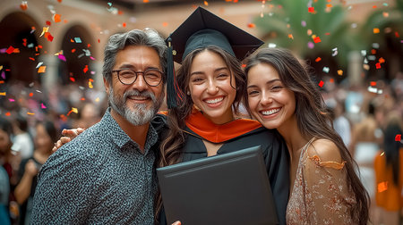 Proud graduate in cap and gown holding his diploma tightly standing between joyful parents who hug him proudly, blurred background of graduation ceremonyの素材