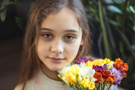 Girl with first spring flowers. Child and flowersの写真素材