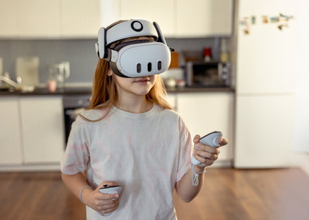 Girl in VR glasses playing a game at home. Learning and playing with augmented reality glasses. Technology and developmentの写真素材